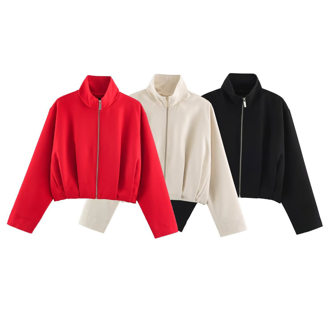 Damen Kurze Boxy-Jacke mit Stehkragen und sichtbarem Metallreißverschluss Shop Nory