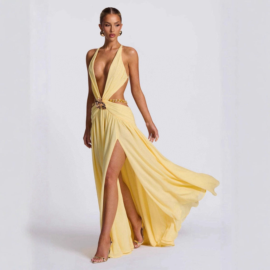 Damen Maxikleid mit tiefem V-Ausschnitt und elegantem Wickeldesign