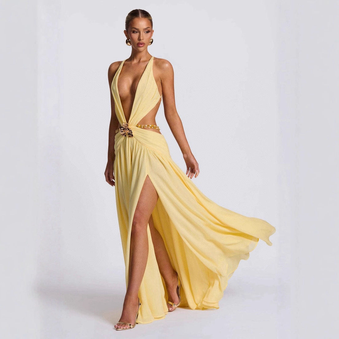 Damen Maxikleid mit tiefem V-Ausschnitt und elegantem Wickeldesign
