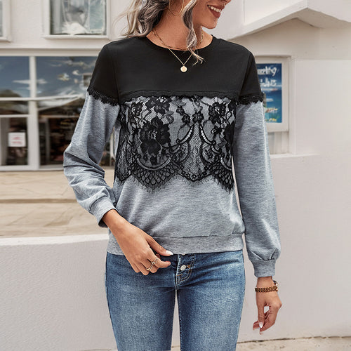 Damen Elegantes Sweatshirt mit floraler Spitzenapplikation und Kontrast-Schulterpartie Shop Nory