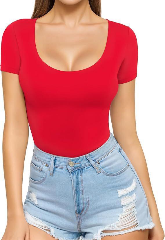 Damen figurbetontes Kurzarm-Body mit rundem Ausschnitt und nahtlosem Design