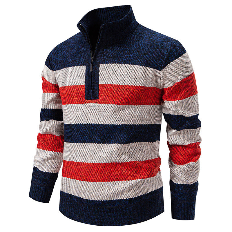Herren modischer Strickpullover mit halbhohem Kragen und kontrastierenden Streifen