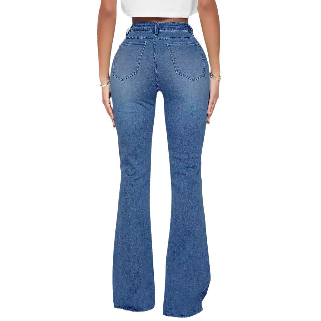 Damen Jeans-Schlaghose mit hoher Taille und Perlenapplikation Shop Nory