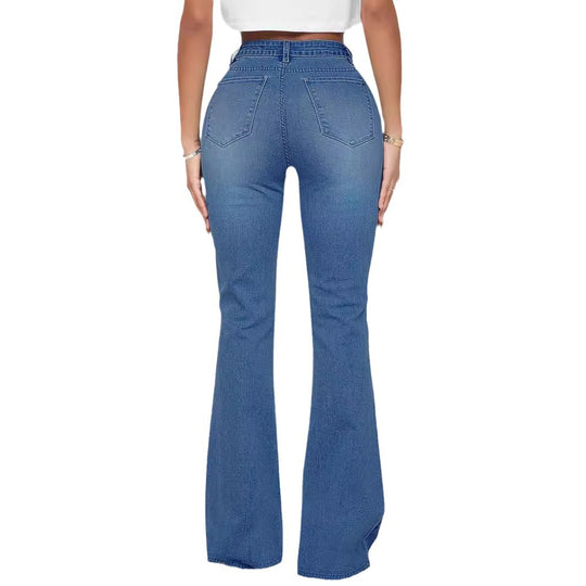 Damen Jeans-Schlaghose mit hoher Taille und Perlenapplikation Shop Nory