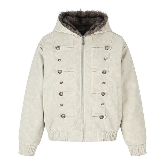Damen Kapuzen-Bomberjacke aus Veloursimitat mit Kunstfell‑Futter und dekorativen Reliefknöpfen Shop Nory