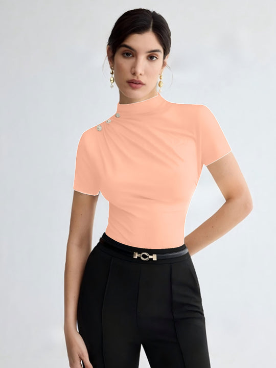 Damen elegantes Oberteil mit dekorativen Knopfdetails und modernem Stehkragen