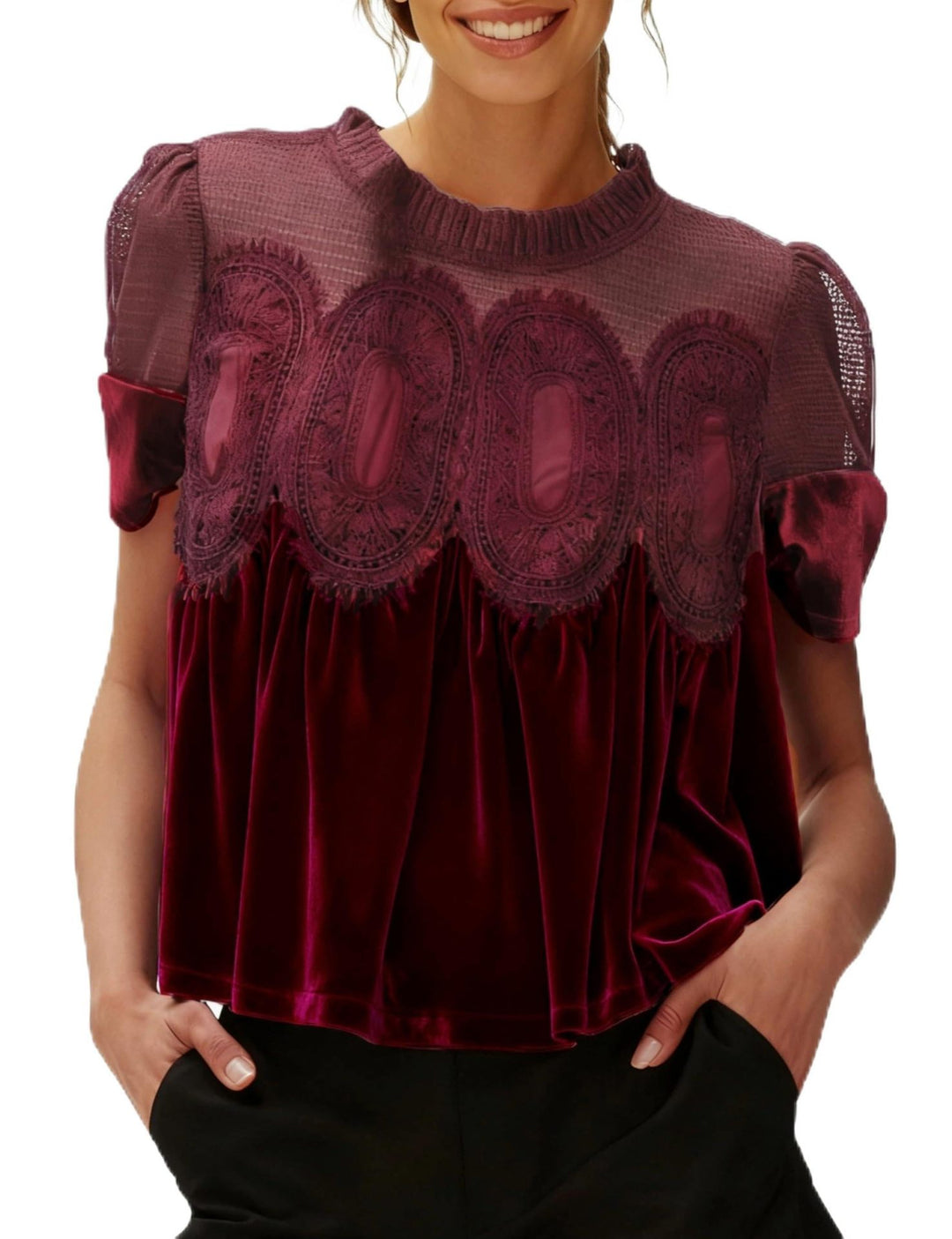 Damen Samtbluse mit Spitzenbesatz, transparentem Einsatz und geraffter A-Linie Shop Nory