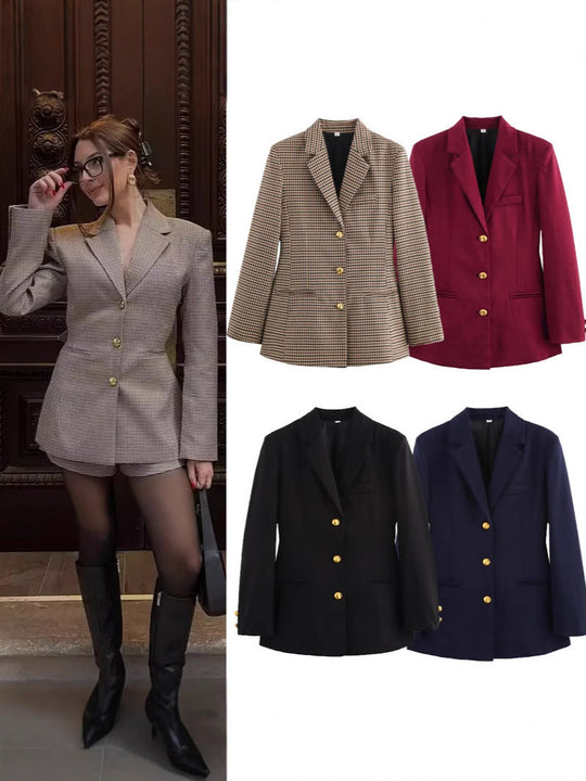 Damen karierten Blazer mit goldenen Knöpfen und praktischen Taschen Shopnory