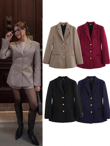 Damen karierten Blazer mit goldenen Knöpfen und praktischen Taschen Shopnory