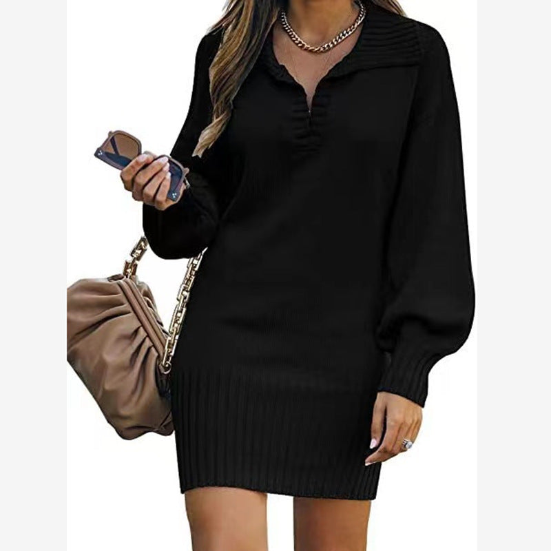 Damen nan schulterfreies Strickminikleid mit weitem V-Ausschnitt und Rippbund Shop Nory