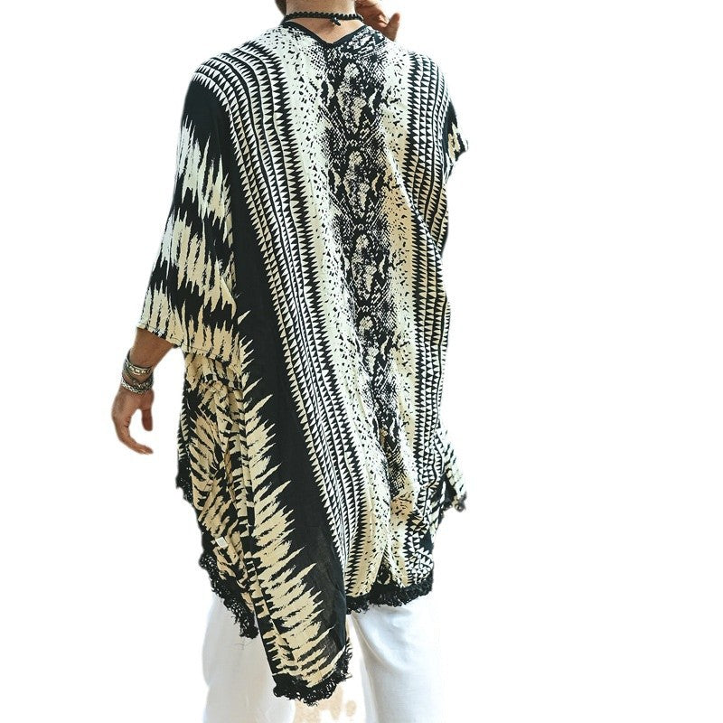 Herren Leichter Ethno-Strandkaftan mit V-Ausschnitt und Fransen Shop Nory