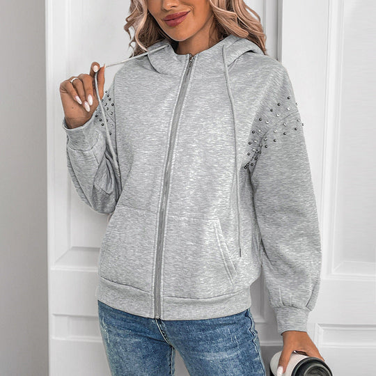 Damen Kapuzenjacke mit Reißverschluss und Perlendetail an den Ärmeln Shop Nory