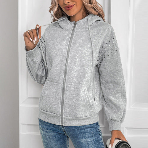Damen Kapuzenjacke mit Reißverschluss und Perlendetail an den Ärmeln Shop Nory