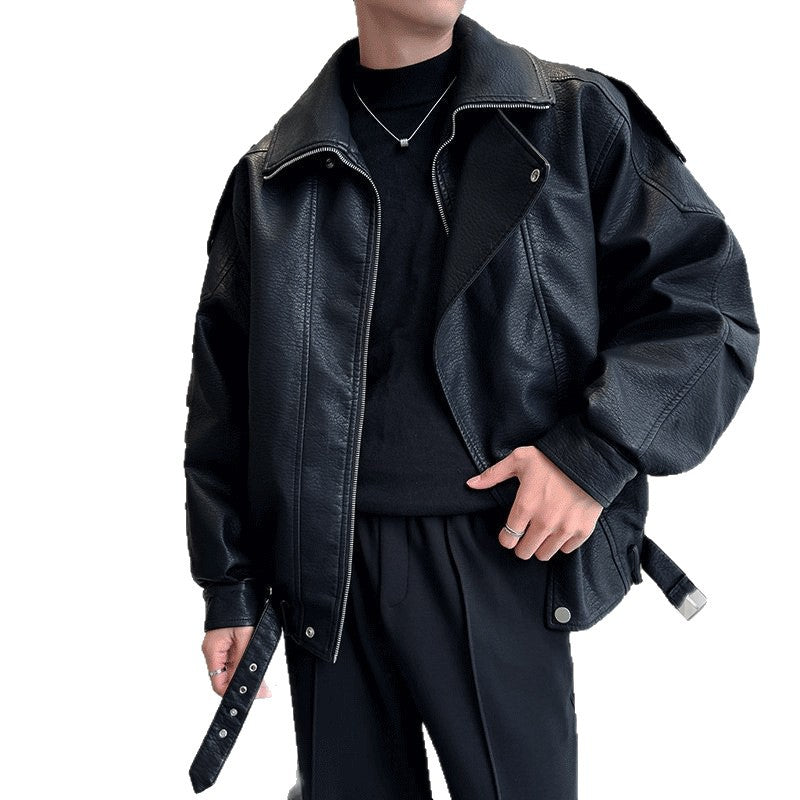 Herren Oversized Lederjacke mit weitem asymmetrischen Revers und Taillengürtel Shop Nory