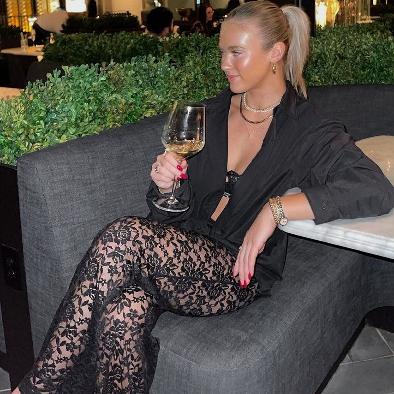 Damen Elegante Spitzenhose mit weitem Bein und hoher Taille