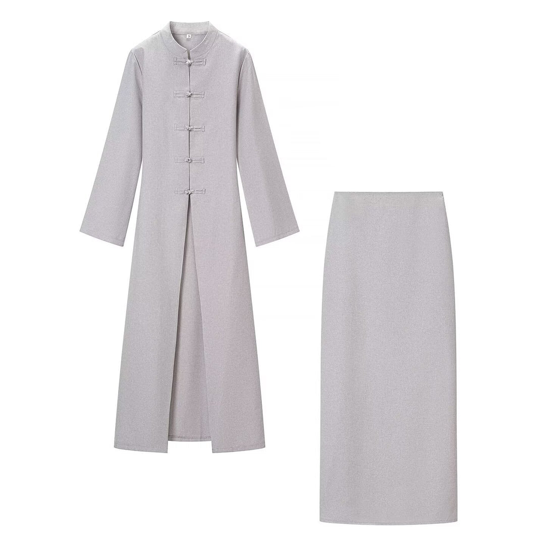 Damen Langärmliges Maxikleid mit Stehkragen Knebelknopfverschluss und vorderem Schlitz Shop Nory