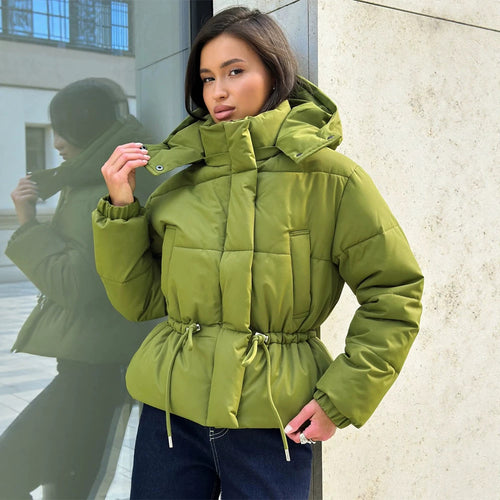 Damen Kurz geschnittene wattierte Kapuzenjacke mit Taillenzug und hohem Stehkragen Shop Nory
