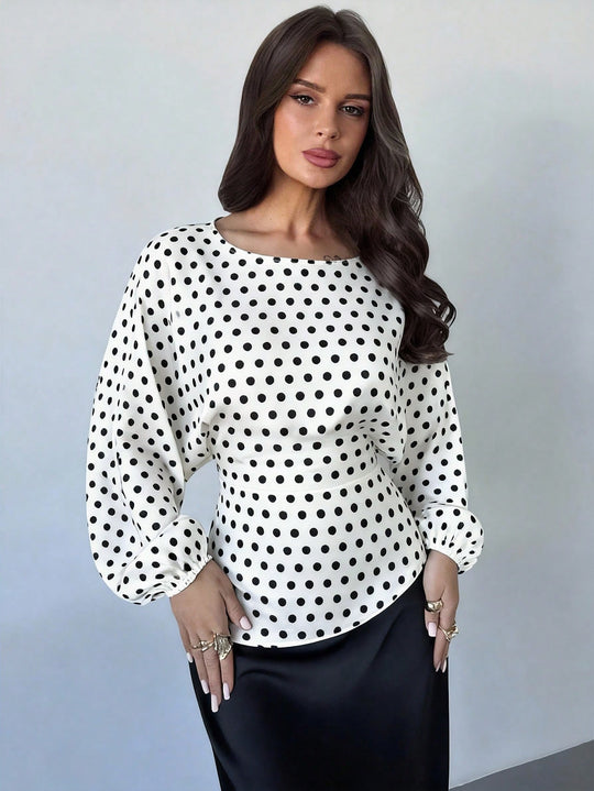 Damen Polka-Dot Satinbluse mit Ballonärmeln und weitem Rundhalsausschnitt Shop Nory