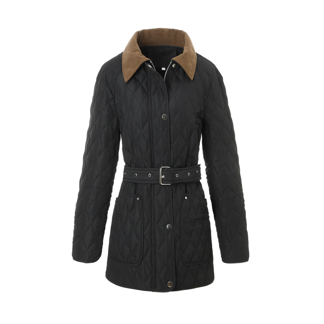 Damen Lange Steppjacke-Mantel mit tailliertem Gürtel und Kontrast-Cordkragen Shop Nory