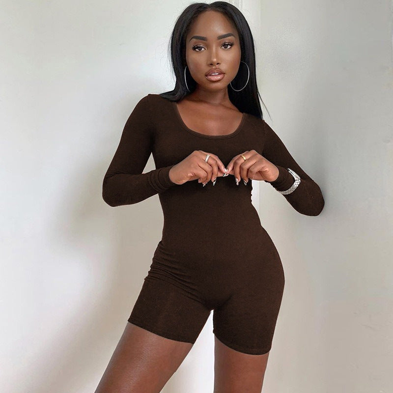 Damen Figurbetontes Kurzarm-Jumpsuit mit langem Arm
