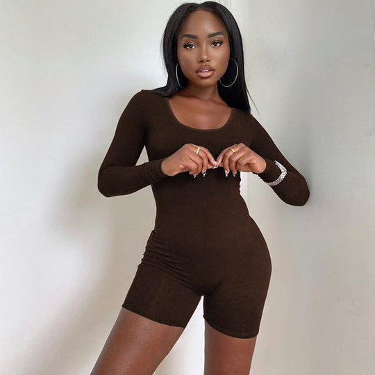 Damen Figurbetontes Kurzarm-Jumpsuit mit langem Arm
