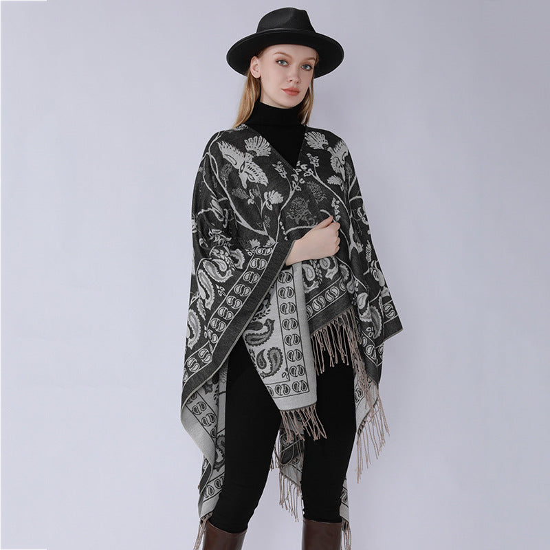 Damen Jacquard-Poncho im Oversize-Kaftan mit floraler und Vogelornamentik Shop Nory