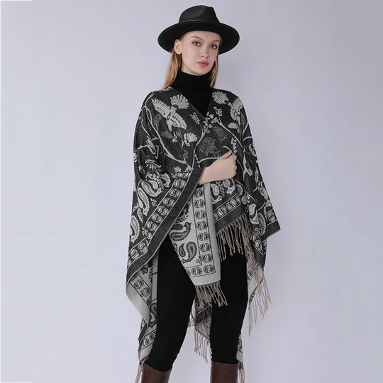 Damen Jacquard-Poncho im Oversize-Kaftan mit floraler und Vogelornamentik Shop Nory