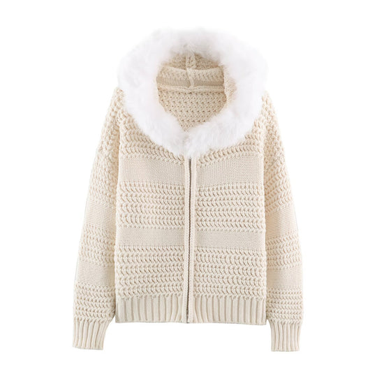 Damen Strickjacke mit durchgehendem Reißverschluss und kuscheligem Kunstpelzkragen Shop Nory