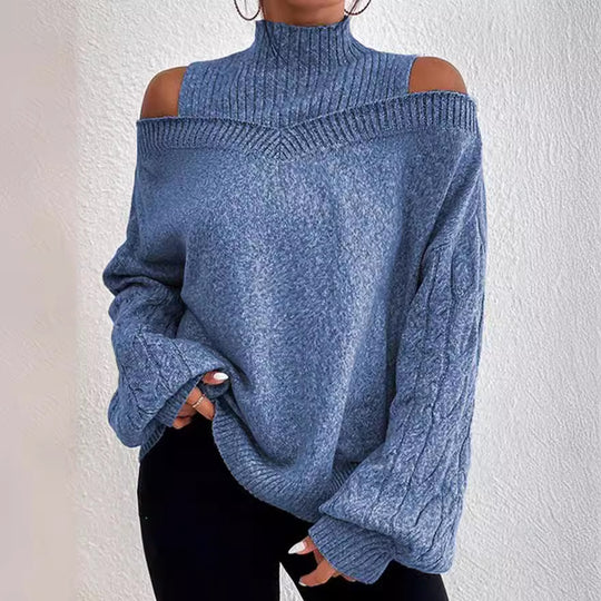 Damen nan schulterfreier Strickpullover mit Stehkragen und Zopfmusterärmeln Shop Nory