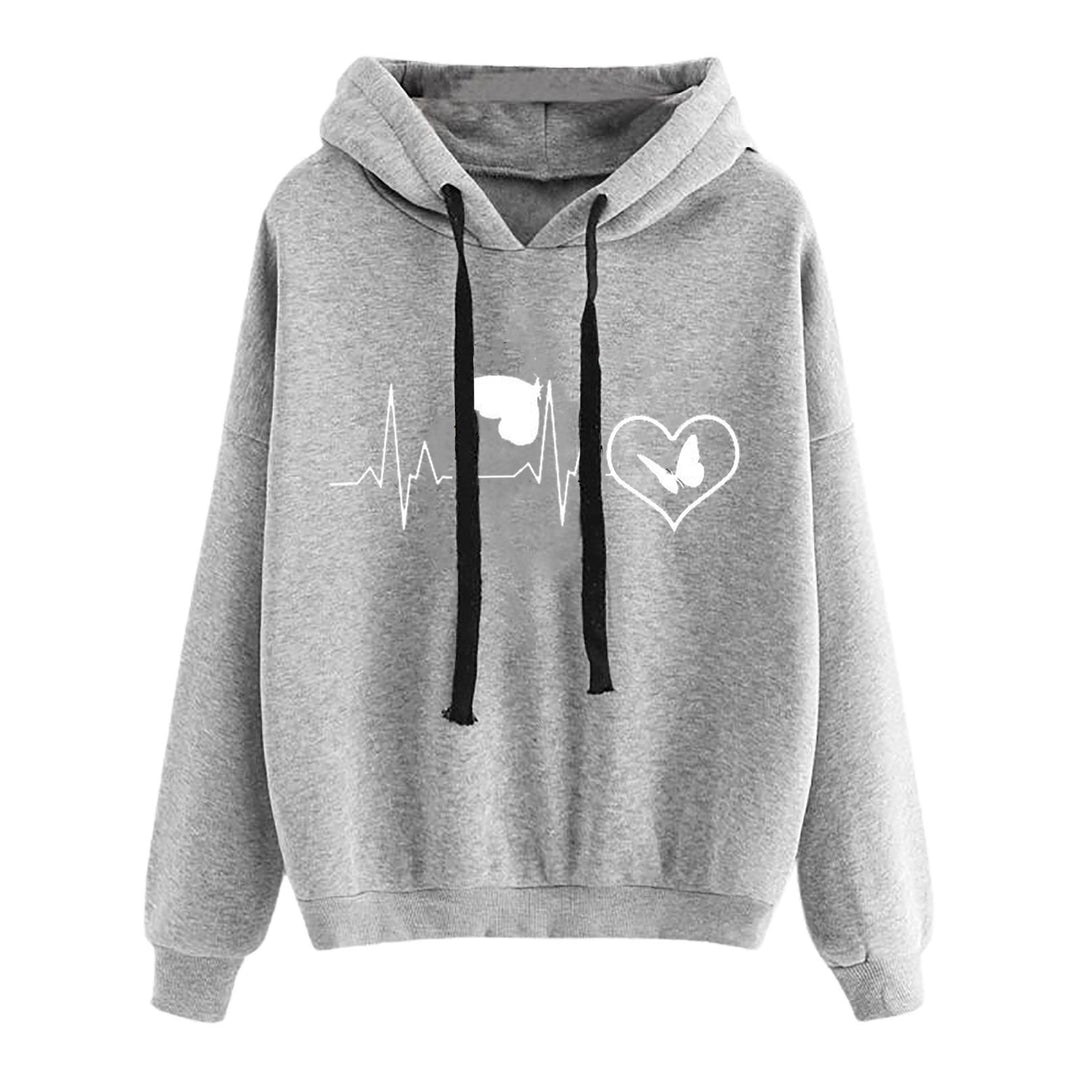 Damen nan leichter Oversize Kapuzenpullover mit Herz‑EKG‑Motiv, langen Kordeln und elastischem Bund Shop Nory