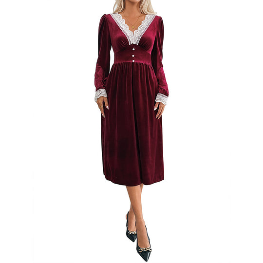 Damen Samt-Midikleid mit Spitzen‑V-Ausschnitt, tailliertem Empire‑Schnitt und Zierknöpfen Shop Nory