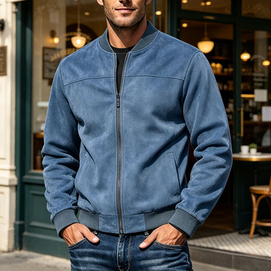 Herren Veloursleder-Optik Bomberjacke mit Reißverschluss und Rippbündchen Shop Nory