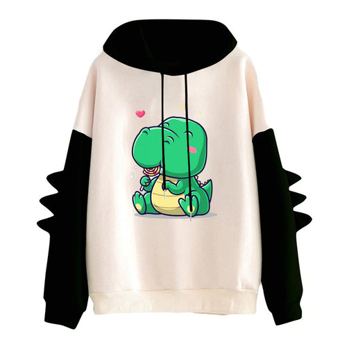 Damen nan Kapuzenpullover mit niedlichem Dinosaurierprint, kuscheligem Innenfutter und dreidimensionalen Ärmeldetails Shop Nory