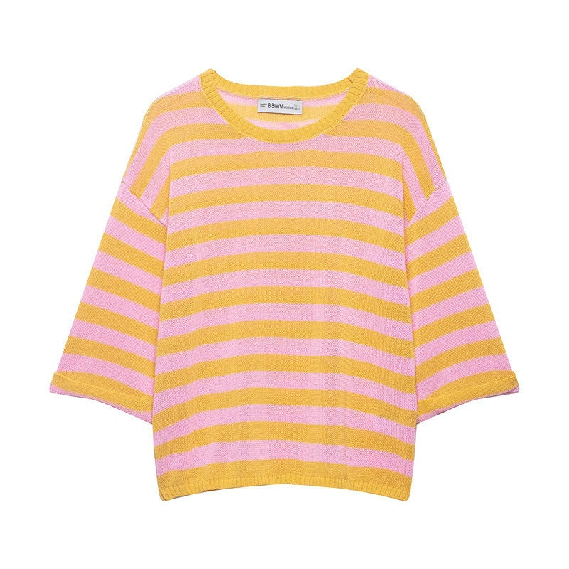 Damen Gestreifter Oversize-Strickpullover mit weitem dreiviertelärmel und Rundhalsausschnitt Shop Nory
