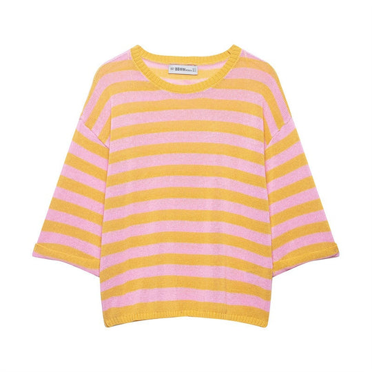 Damen Gestreifter Oversize-Strickpullover mit weitem dreiviertelärmel und Rundhalsausschnitt Shop Nory