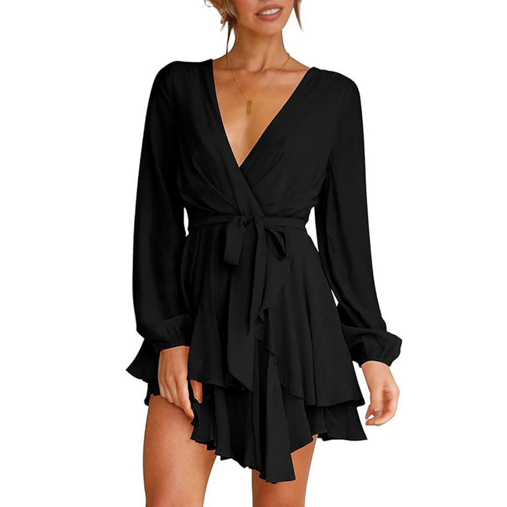 Damen gerafftes Wickelkleid mit tiefem V-Ausschnitt stufigem Volantrock und Bindegürtel Shop Nory