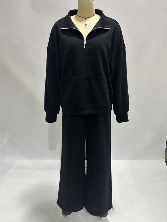 Damen Bequeme und elegante Langarm-Pullover mit Reißverschluss und weiten Jogginghose Shop Nory