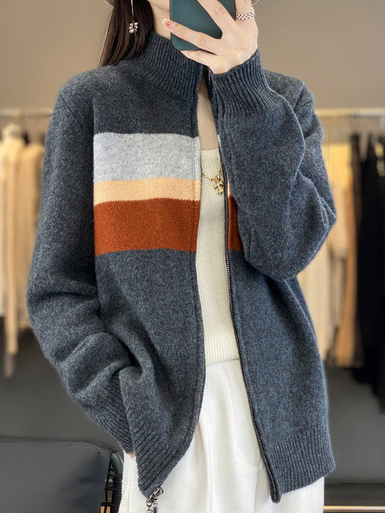 Damen Reißverschluss-Strickcardigan aus weichem Wollmix mit Blockstreifen und geripptem Saum Shop Nory