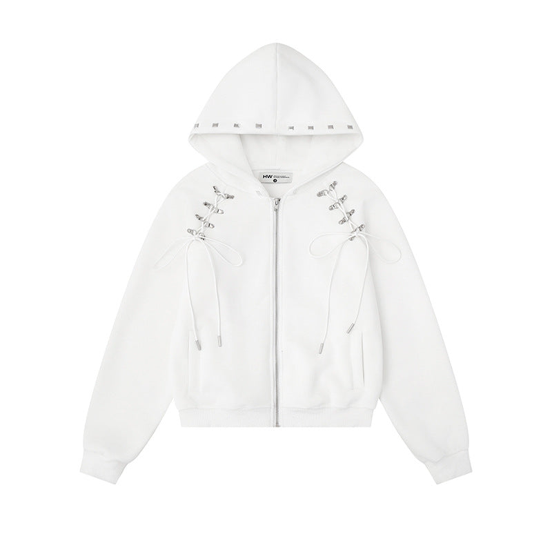 Damen Kapuzen-Sweatjacke mit Schnürungen, Metallösen und durchgehendem Reißverschluss Shop Nory