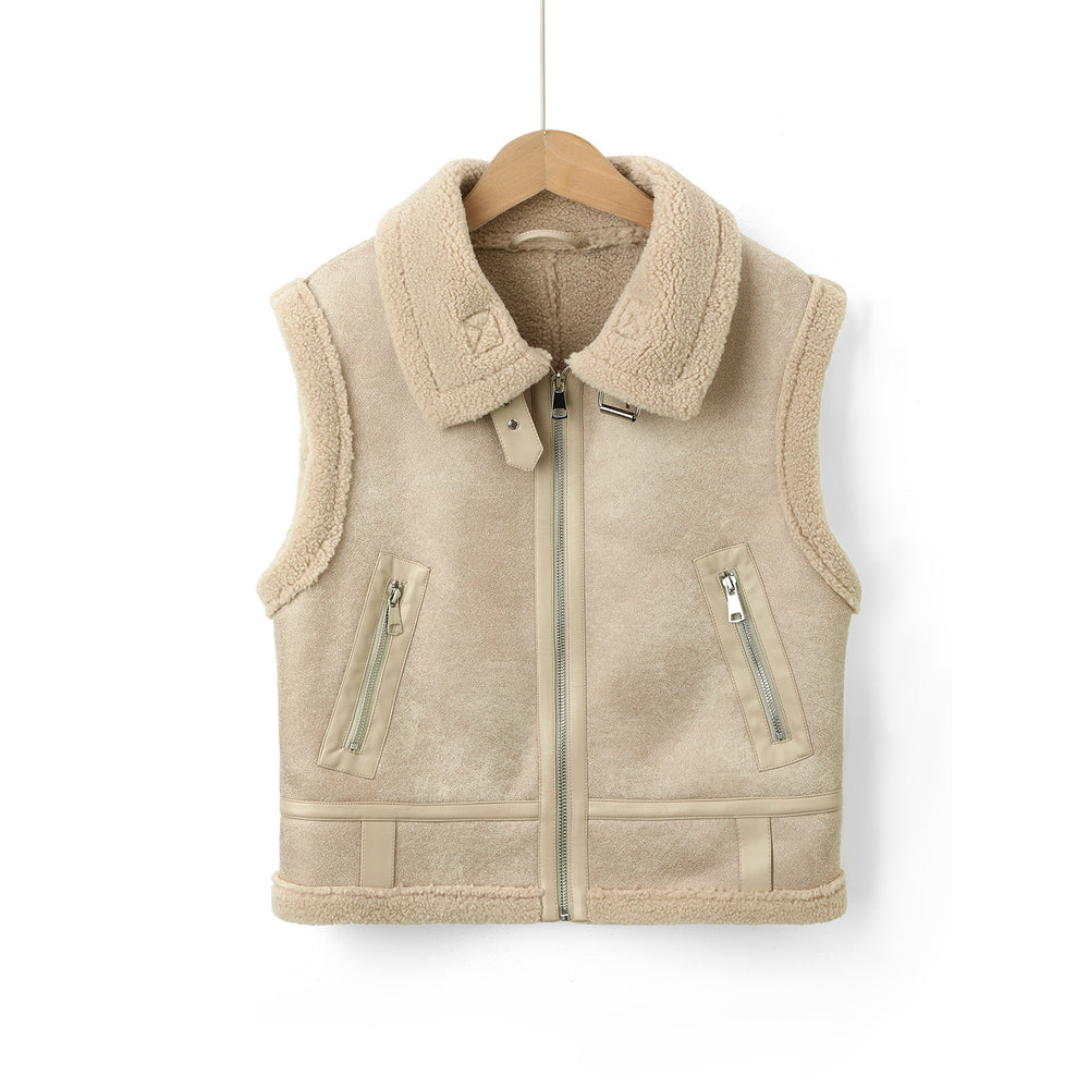 Damen Ärmellose Lammfelloptik Weste mit Teddyfutter und Reißverschlusstaschen Shop Nory