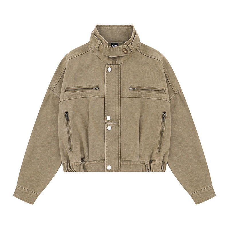 Damen Cropped Utility-Bomberjacke mit Stehkragen, Reißverschlusstaschen und Elastbund Shop Nory