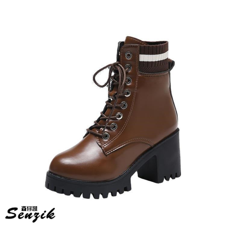 Damen Schnürstiefel mit robustem Blockabsatz und elastischem Strickkragen
