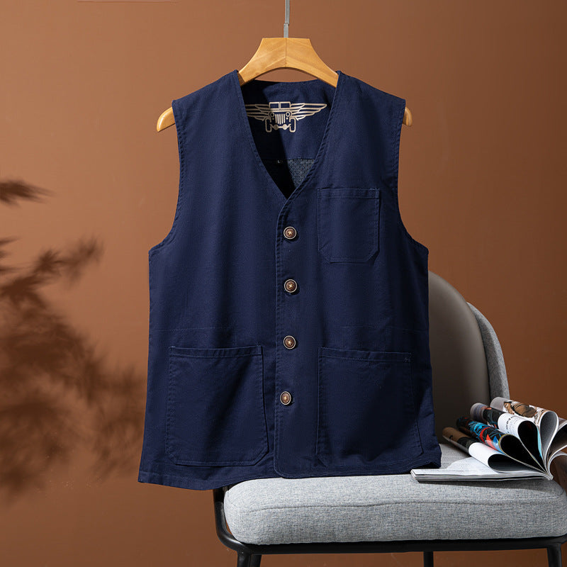 Herren Ärmellose Utility-Canvas-Weste mit V‑Ausschnitt, Knopfleiste und aufgesetzten Taschen Shop Nory