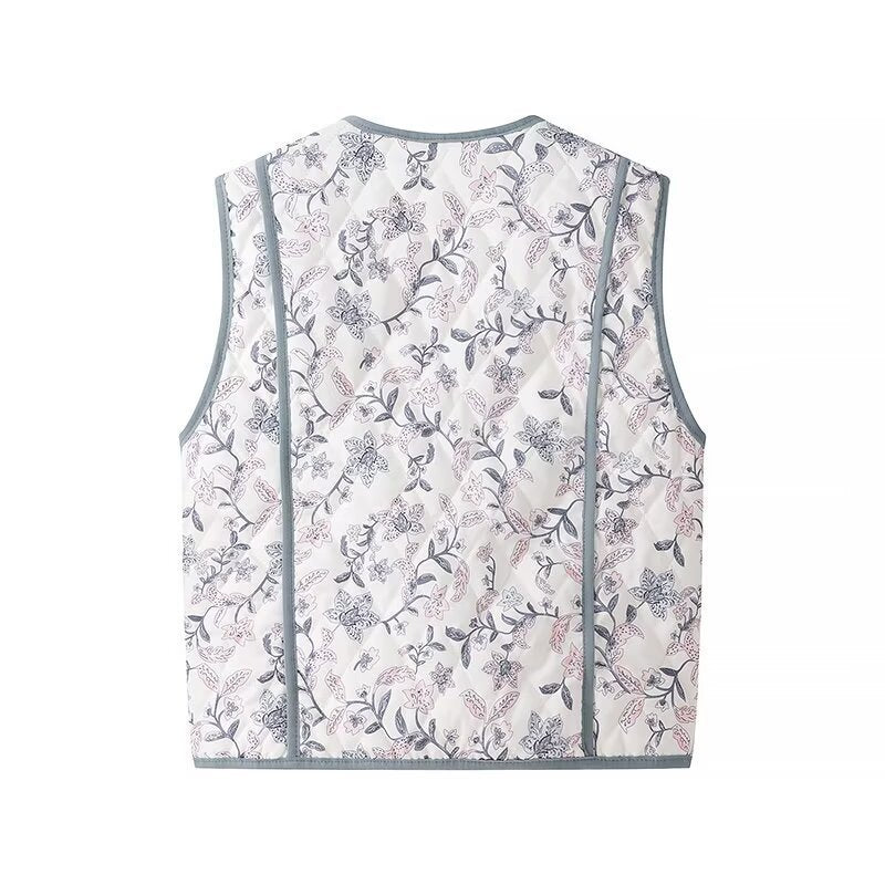 Damen Leicht gesteppte Steppweste mit floralem Print, V‑Ausschnitt und Eingrifftaschen Shop Nory