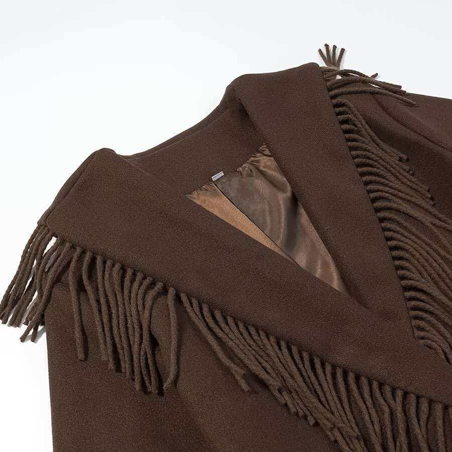Damen Langer Fransen-Wollmix-Mantel mit Kapuze, Bindegürtel und aufgesetzten Taschen Shop Nory