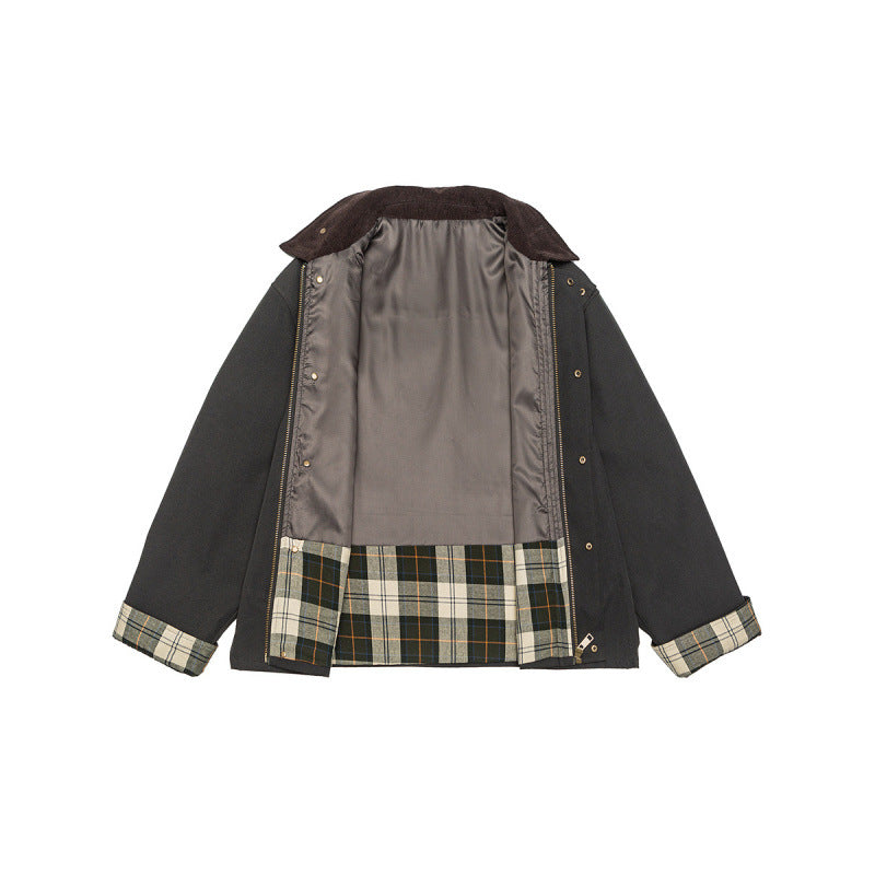 Herren Kurze Boxy-Workerjacke aus robustem Canvas mit Cordkragen und verdeckter Druckknopfleiste Shop Nory