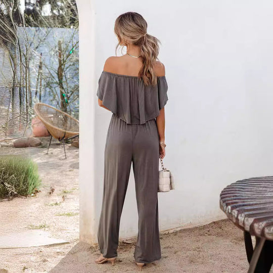Damen Off-Shoulder Jumpsuit mit weitem Bein und elastischem Bund