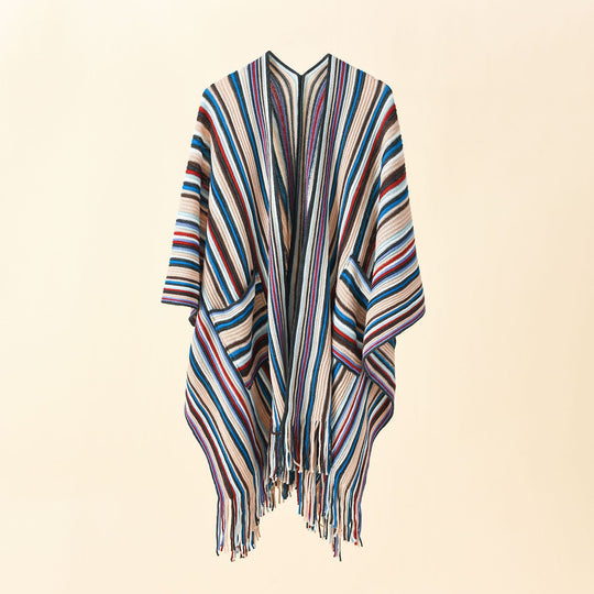 Damen Gestreifter Strickponcho mit Fransen und Eingrifftaschen Shop Nory