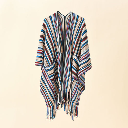Damen Gestreifter Strickponcho mit Fransen und Eingrifftaschen Shop Nory