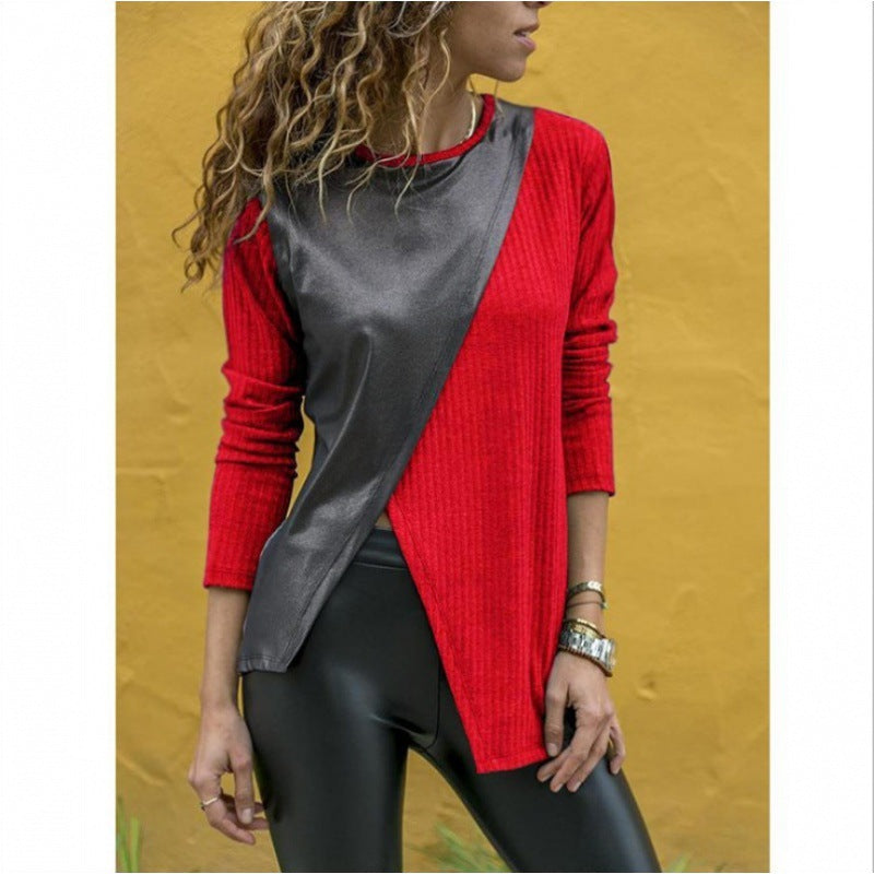 Damen Asymmetrisches Longsleeve mit Lederoptik‑Overlay und Rippstrick Shop Nory